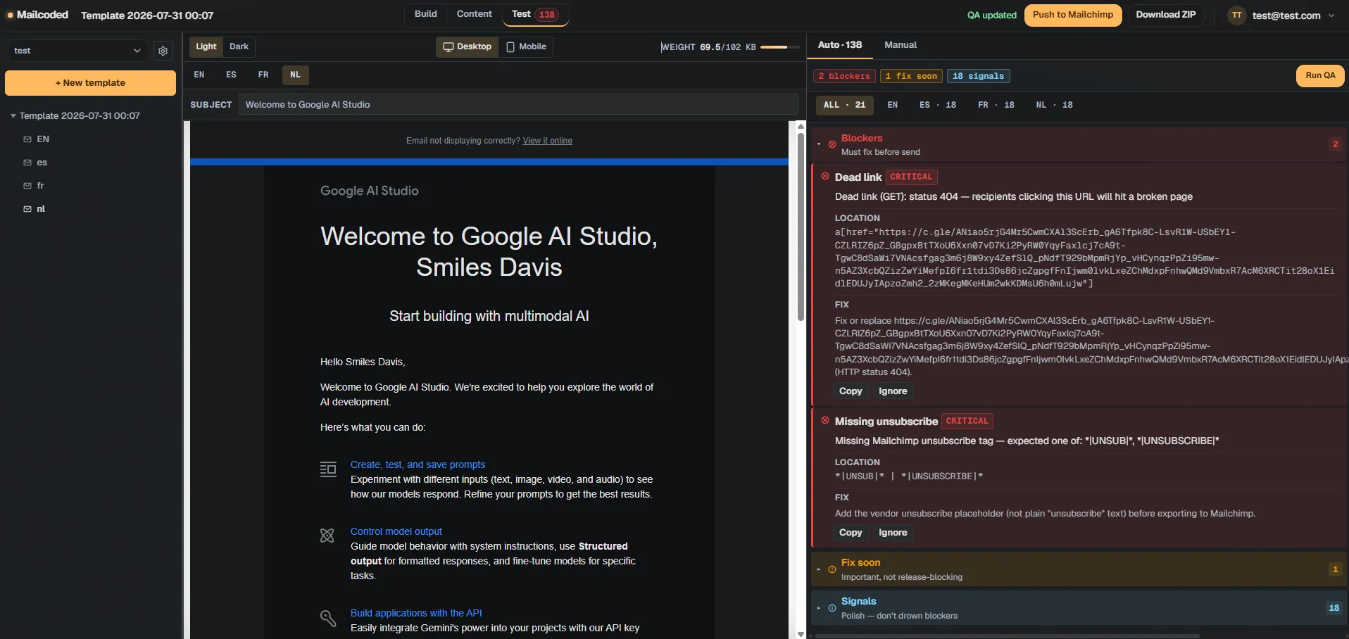 Test mode: QA and compiled preview